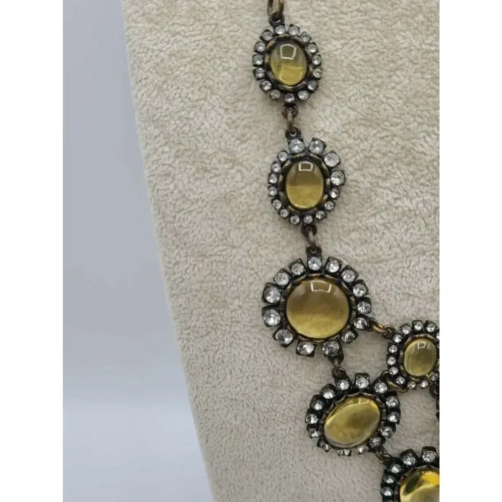 J Crew Antique Brass Look Statement Necklace with Gold & Clear Crystals